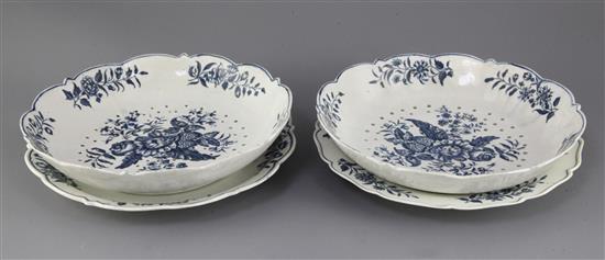 A pair of Worcester pierced pine cone pattern cress dishes, a stand and a similar plate, c.1775, 24.5cm and 24cm